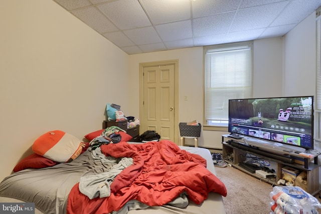 bedroom with a paneled ceiling and carpet floors