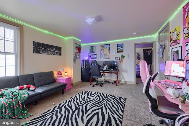 home office with light carpet