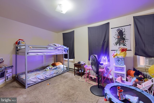 bedroom with light colored carpet