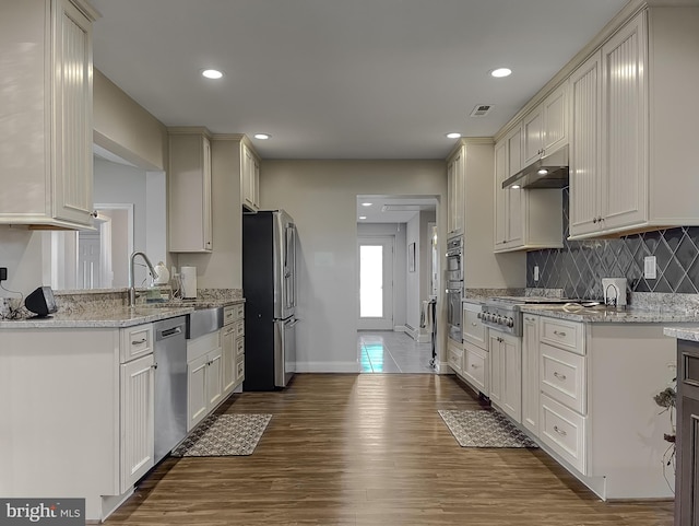 kitchen featuring light stone counters, sink, dark hardwood / wood-style floors, and appliances with stainless steel finishes