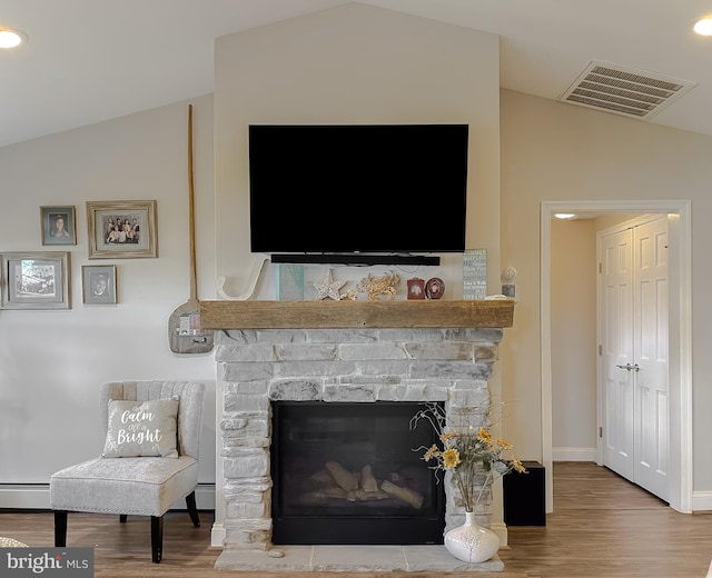 details featuring hardwood / wood-style flooring, a fireplace, and a baseboard radiator