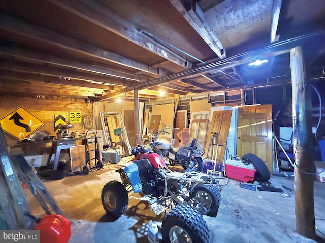 garage featuring wood walls