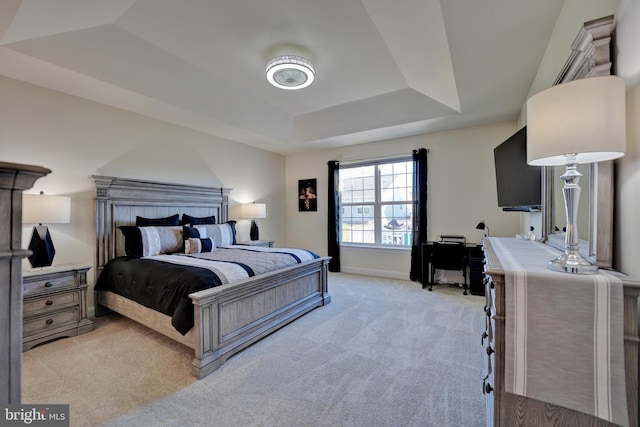 carpeted bedroom featuring a tray ceiling