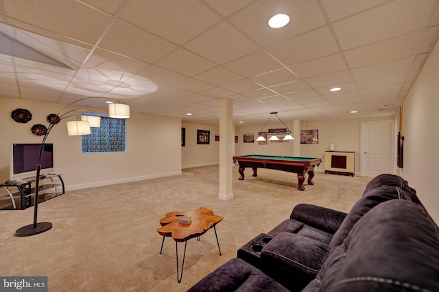 rec room with billiards, a drop ceiling, and carpet flooring