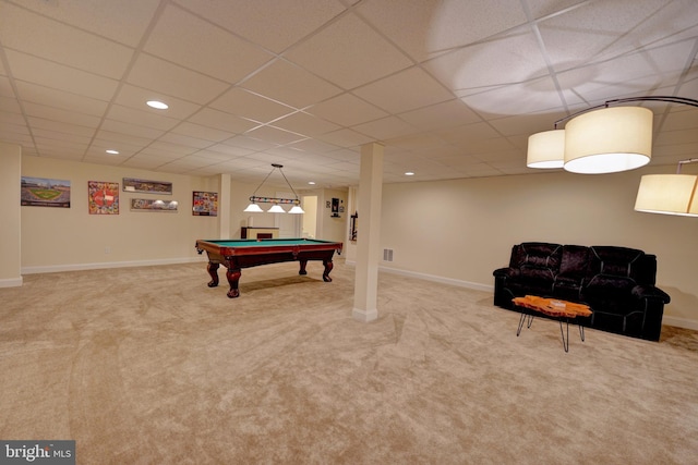 rec room featuring carpet floors and pool table