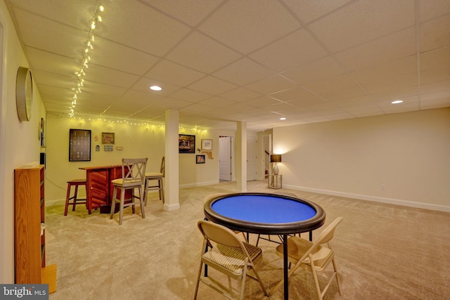 playroom featuring carpet floors, indoor bar, and track lighting