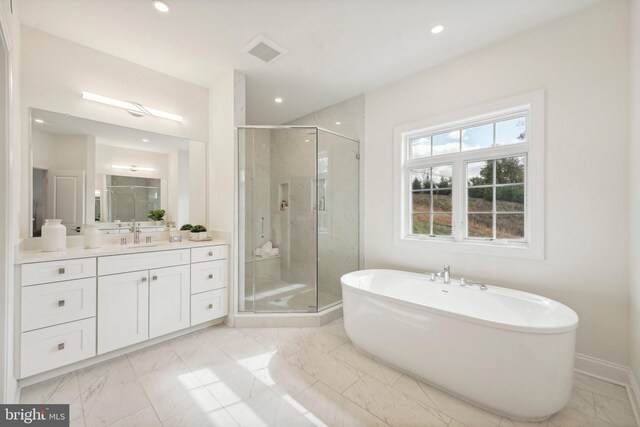 LOT16-CARLISLEAZALEA Bellflower Ln, Newtown Square, PA 19073 - full bathroom featuring marble finish flooring, vanity, a soaking tub, recessed lighting, and a stall shower