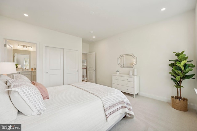 LOT16-CARLISLEAZALEA Bellflower Ln, Newtown Square, PA 19073 - bedroom featuring light colored carpet, ensuite bath, a closet, baseboards, and recessed lighting