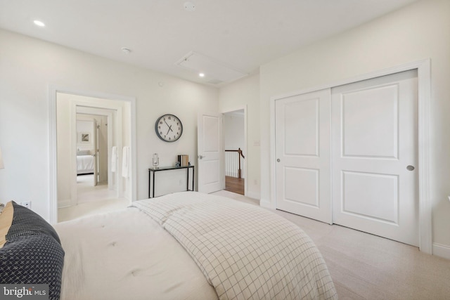 LOT16-CARLISLEAZALEA Bellflower Ln, Newtown Square, PA 19073 - bedroom with light carpet, attic access, recessed lighting, a closet, and baseboards