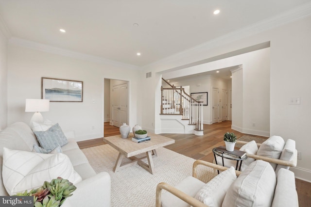 LOT16-CARLISLEAZALEA Bellflower Ln, Newtown Square, PA 19073 - living room with stairs, crown molding, recessed lighting, wood finished floors, and baseboards