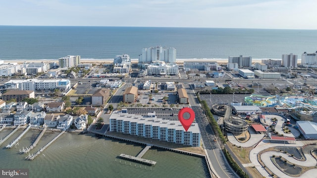 aerial view featuring a water view