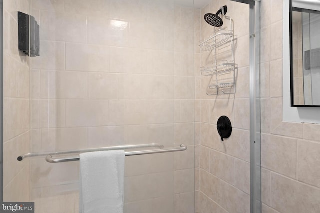 bathroom with a shower with shower door