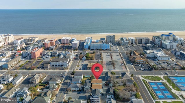 aerial view featuring a beach view and a water view