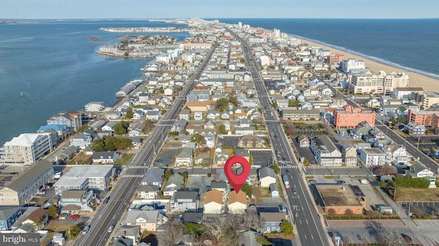 drone / aerial view featuring a water view