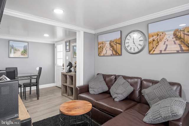 living room featuring light hardwood / wood-style flooring and ornamental molding