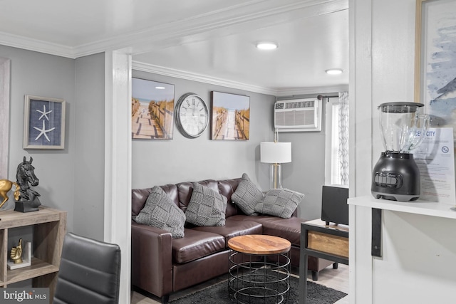 living room featuring hardwood / wood-style floors, crown molding, and a wall unit AC