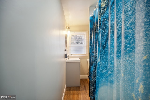 bathroom with wood-type flooring, toilet, and sink