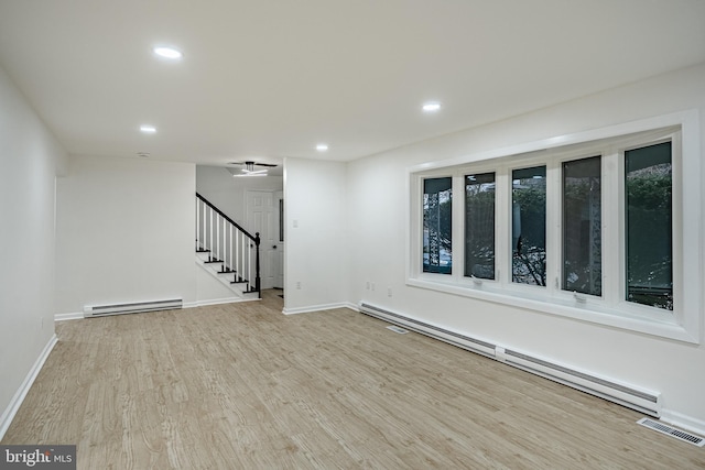 interior space with light hardwood / wood-style floors and a baseboard heating unit