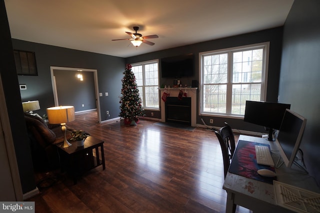 interior space featuring ceiling fan and dark hardwood / wood-style flooring