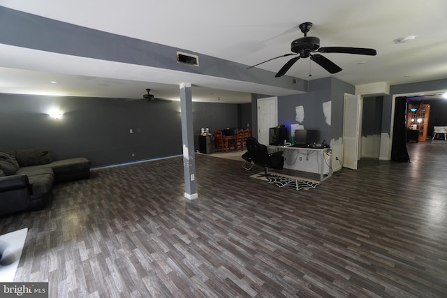 interior space with dark hardwood / wood-style floors and ceiling fan