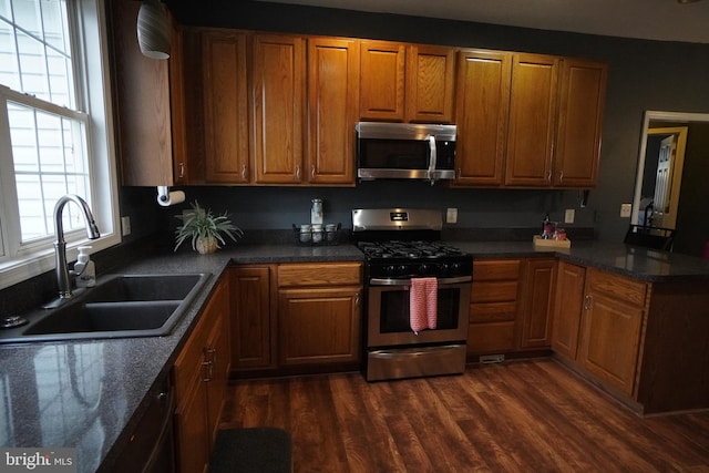 kitchen featuring stainless steel appliances, sink, and dark hardwood / wood-style flooring