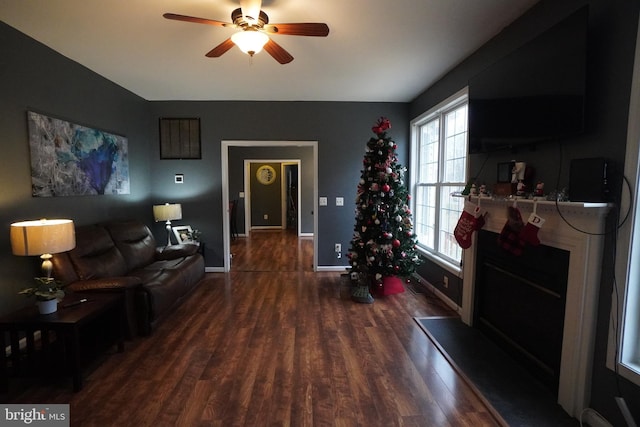 living room featuring ceiling fan and dark hardwood / wood-style flooring