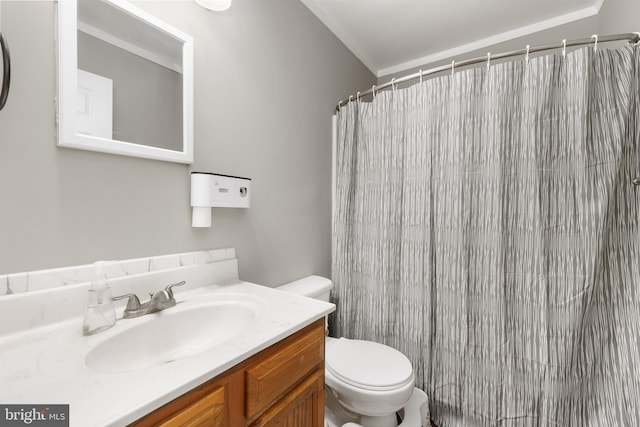 bathroom with walk in shower, vanity, and toilet