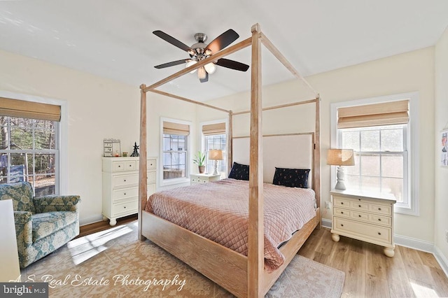 bedroom featuring ceiling fan, light hardwood / wood-style flooring, and multiple windows