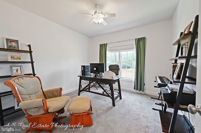 carpeted office with ceiling fan