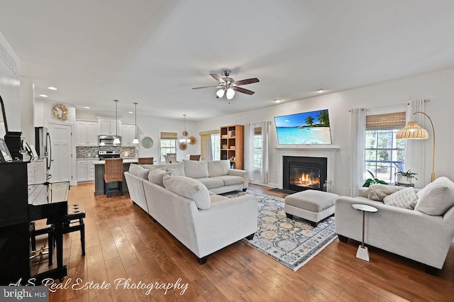 living room featuring dark hardwood / wood-style floors and ceiling fan