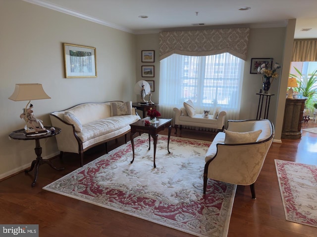 living room with ornamental molding and dark wood-type flooring