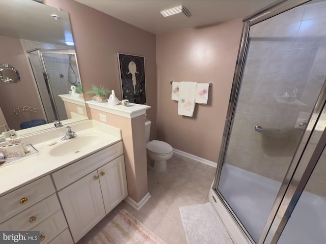 bathroom featuring tile patterned flooring, vanity, toilet, and an enclosed shower