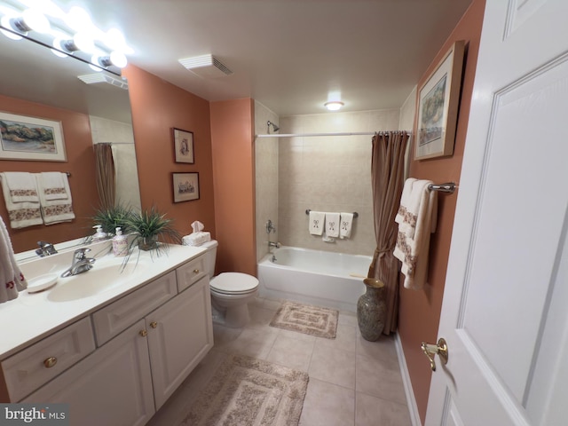 full bathroom with toilet, vanity, tile patterned floors, and shower / bathtub combination with curtain