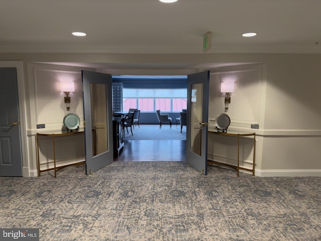 12251 Roundwood Rd Unit 601, Lutherville Timonium, MD 21093 - hallway featuring crown molding, carpet flooring, recessed lighting, and french doors