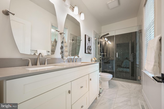 bathroom with an enclosed shower, vanity, and toilet