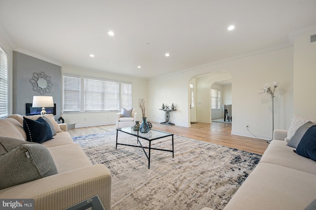 living room featuring crown molding and light hardwood / wood-style floors