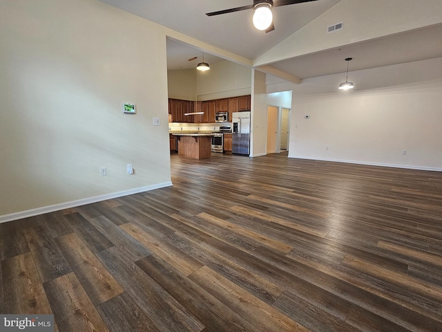 unfurnished living room featuring high vaulted ceiling, ceiling fan, and dark wood-type flooring