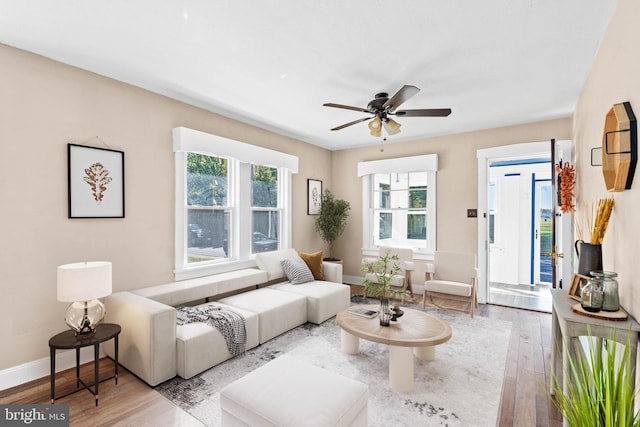 living room featuring ceiling fan and light wood-type flooring