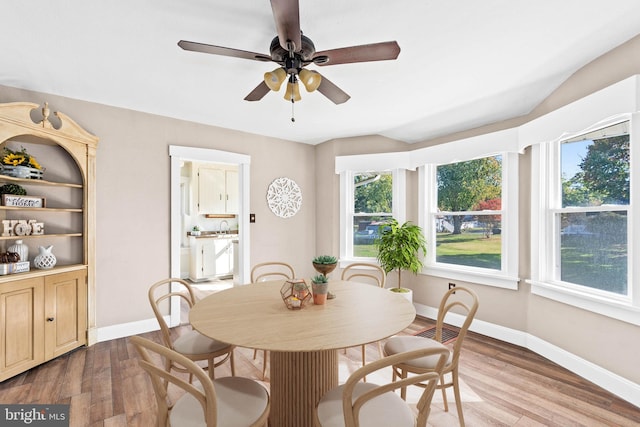 dining area with light hardwood / wood-style flooring, ceiling fan, and sink