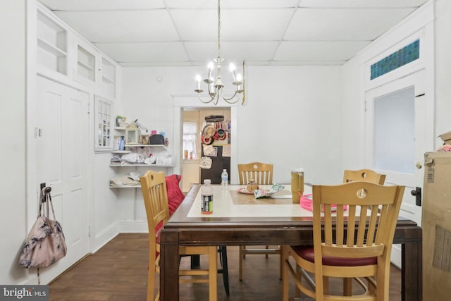 dining space with a paneled ceiling, dark hardwood / wood-style flooring, and a notable chandelier