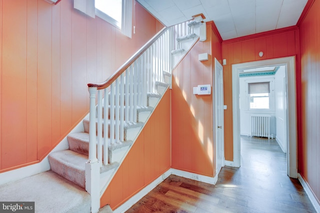 stairway with wood-type flooring, plenty of natural light, radiator, and crown molding