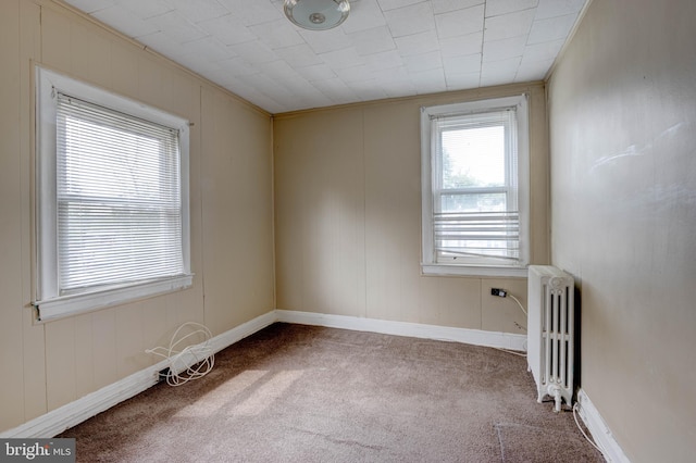 carpeted empty room with radiator and ornamental molding