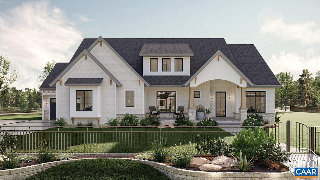 view of front of property featuring covered porch and a front yard