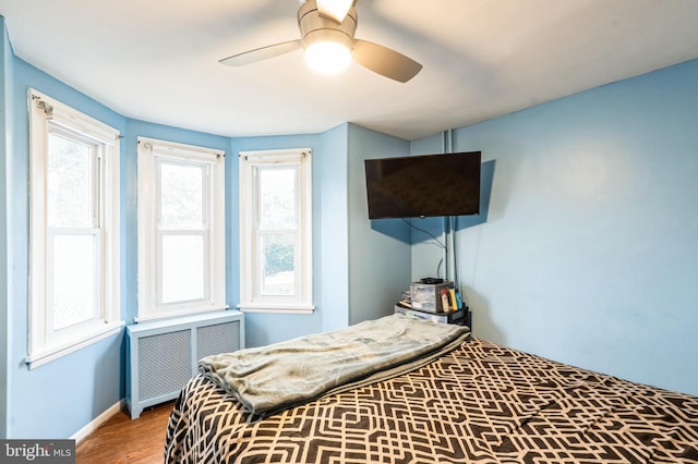 bedroom with hardwood / wood-style flooring, ceiling fan, radiator heating unit, and multiple windows