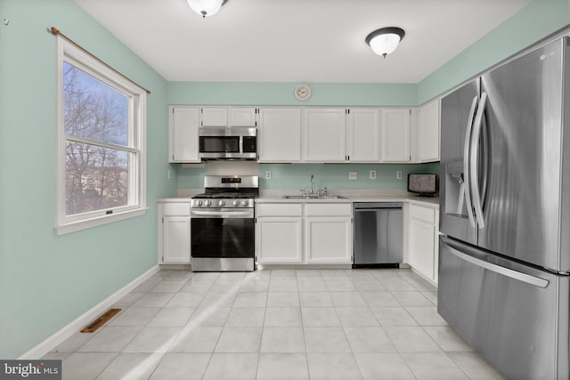 kitchen with stainless steel appliances, white cabinetry, and sink