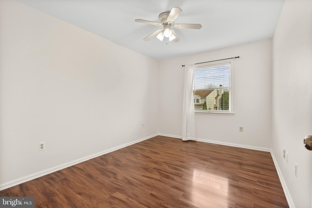 unfurnished room featuring ceiling fan and dark wood-type flooring