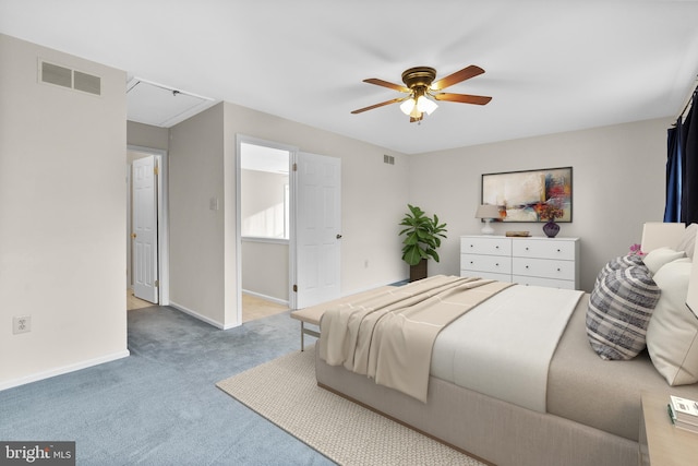 carpeted bedroom with ceiling fan