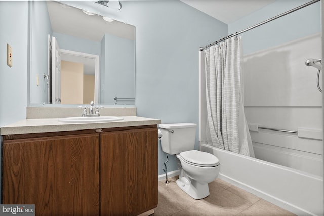 full bathroom featuring tile patterned floors, vanity, shower / bathtub combination with curtain, and toilet