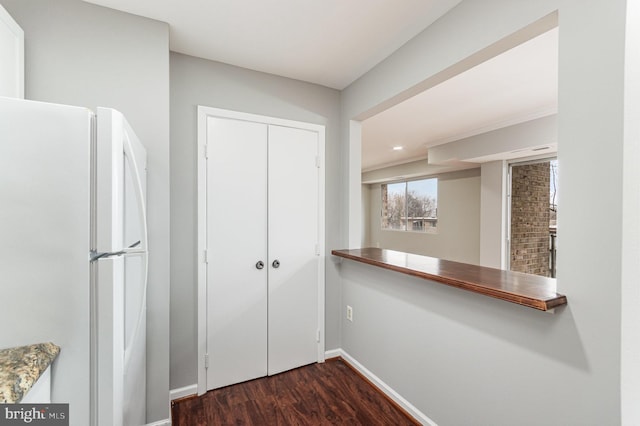 kitchen featuring white refrigerator and dark hardwood / wood-style floors