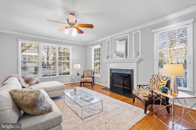 living room with a large fireplace, ceiling fan, crown molding, and plenty of natural light